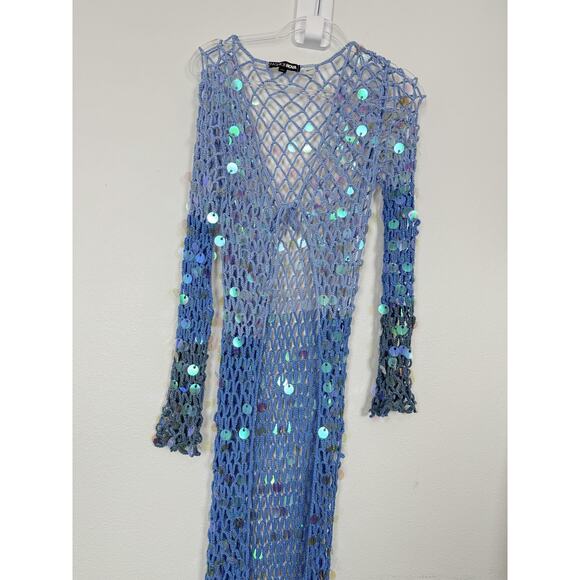 Fashion Nova Other - Blue Sequin Mesh Crochet Mermaid Cover Up Dress Maxi Womens XL Fashion Nova Swim